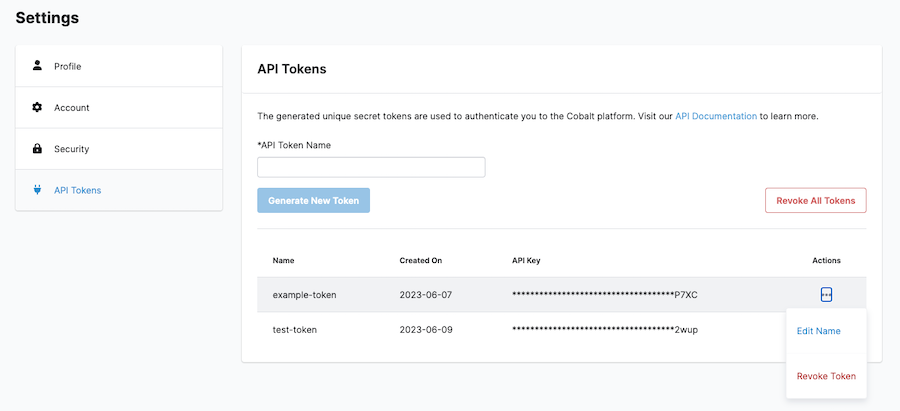 Manage API tokens in the Cobalt UI