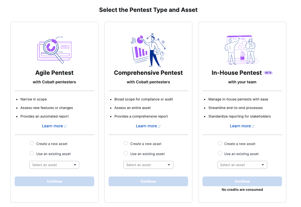 Let’s Get Started screen prompting you to select the pentest type