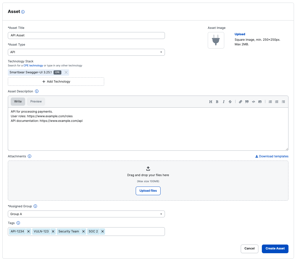 Specify asset details