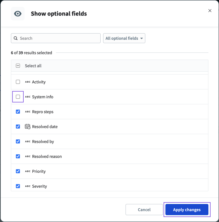Select values for optional fields overlay