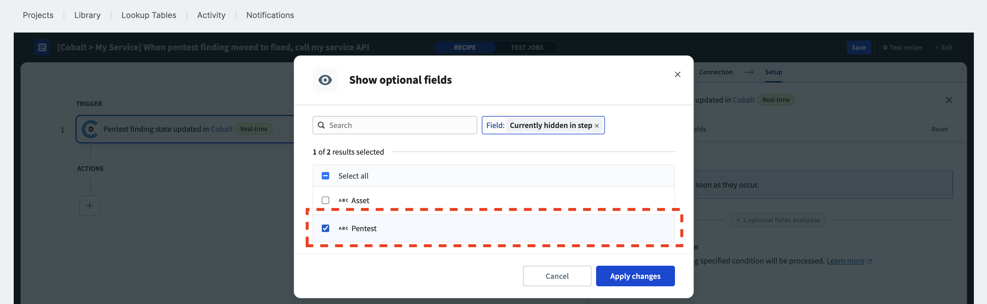 Filter trigger by pentest modal