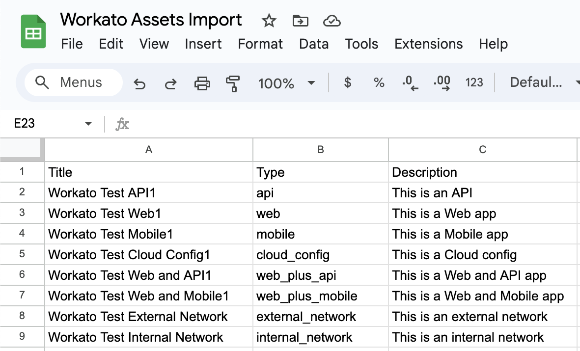 Example spreadsheet