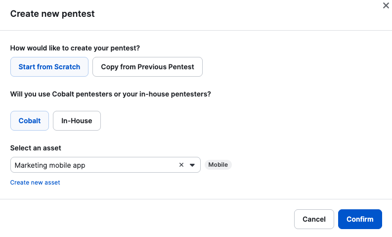 Create pentest modal showing start from scratch or copy options