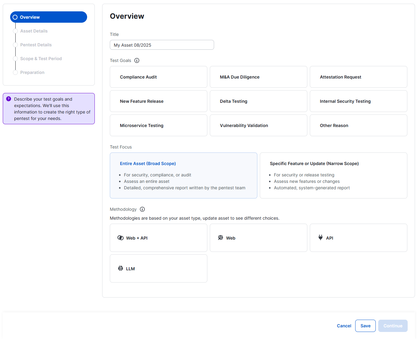 Overview page showing pentest configuration options