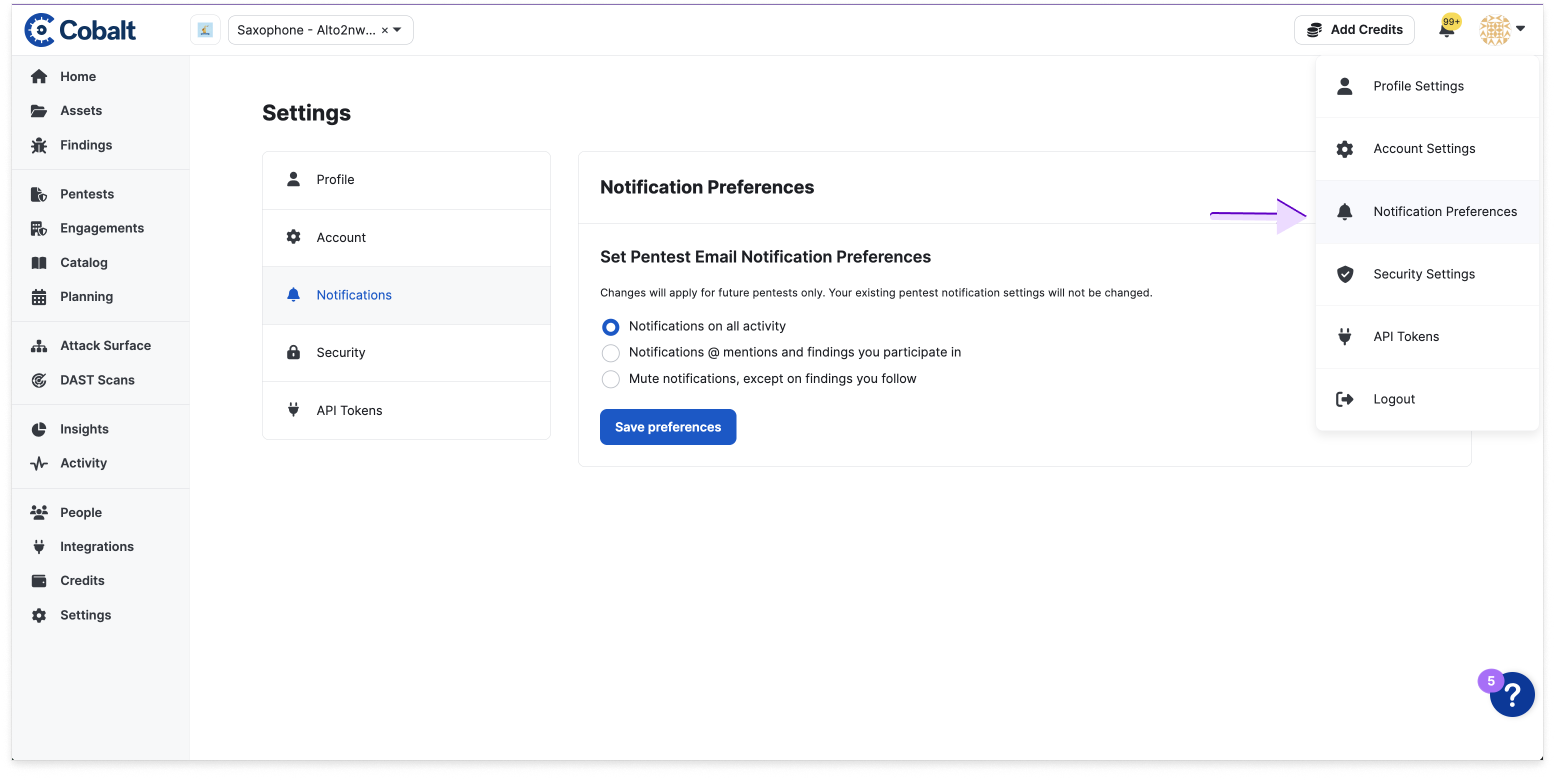 Pentest Notification Preferences